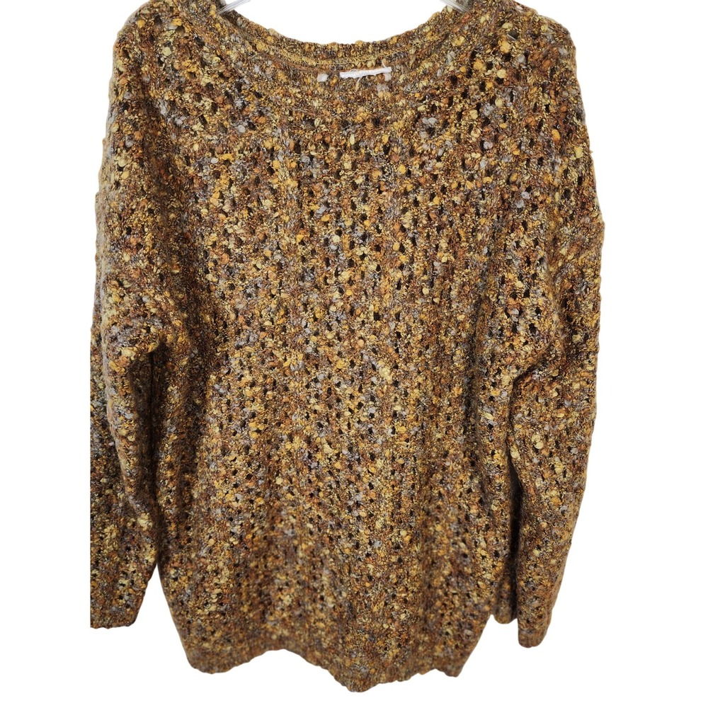 Womens Pullover Sweater Knit Open Weave Brown Gold Oversized Cozy